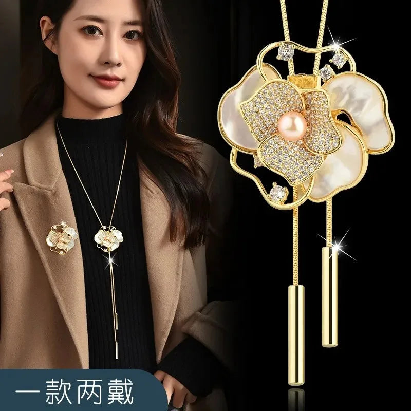 Women with long necklaces and camellias and roses, sweater chains and brooches, fashionable clothing necklaces, retro necklaces