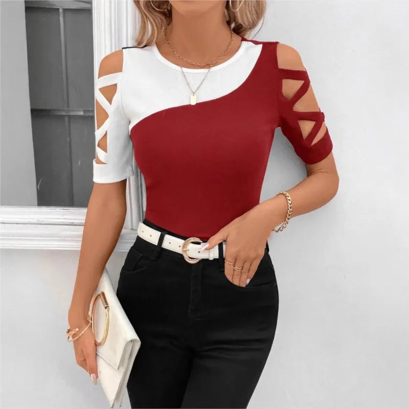 COLOR BLOCK CROSS OFF SHOULDER BOTTOM