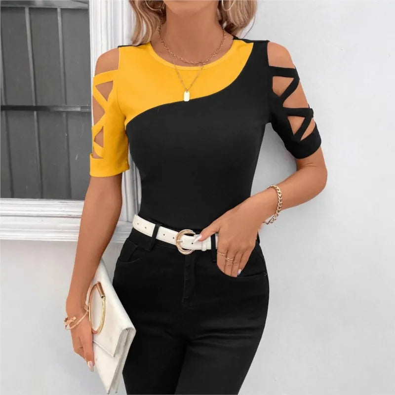 COLOR BLOCK CROSS OFF SHOULDER BOTTOM