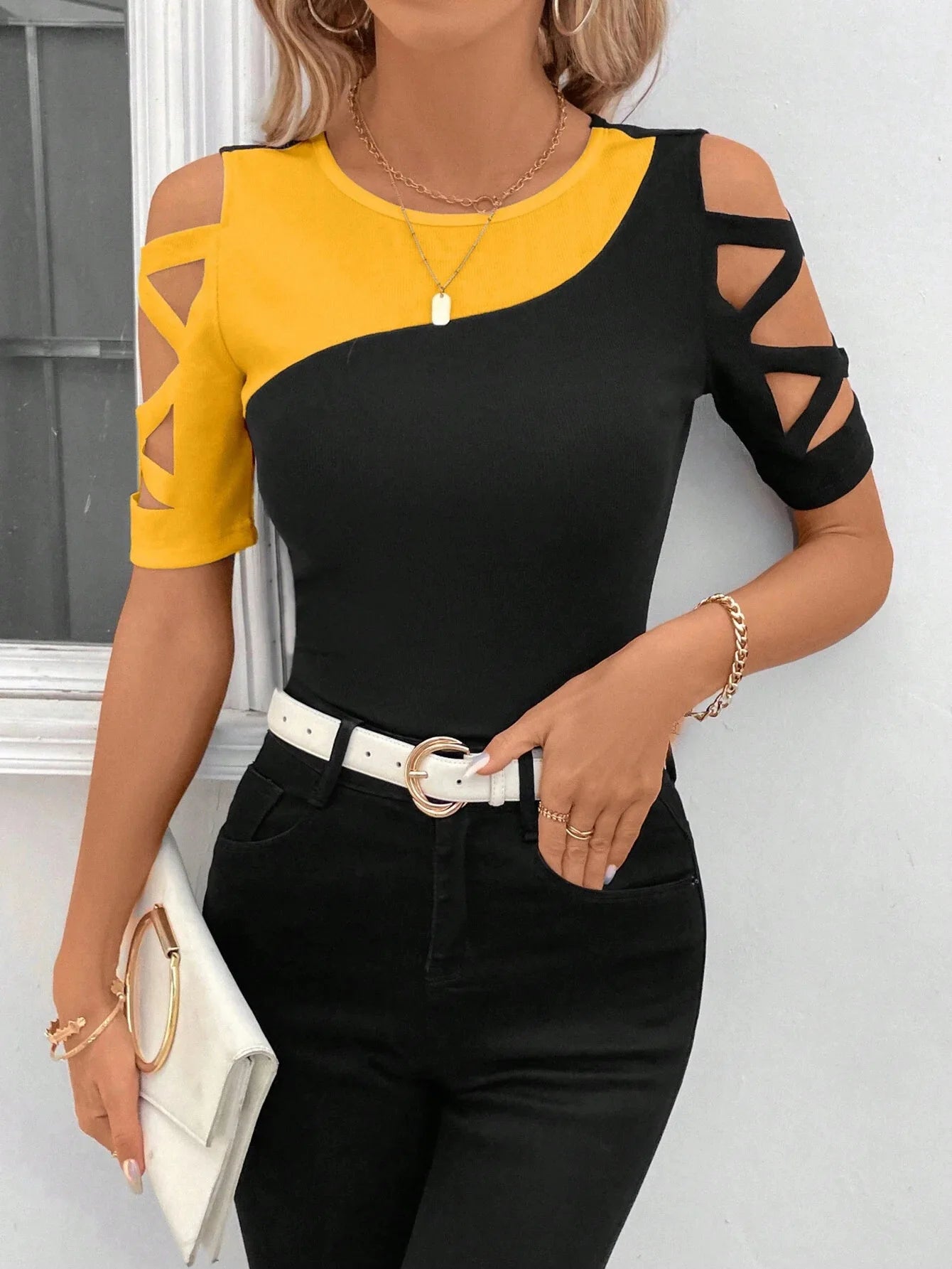 COLOR BLOCK CROSS OFF SHOULDER BOTTOM