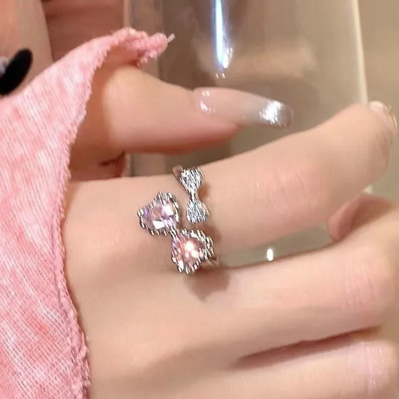 Korean Fashion Exquisite Purple Zircon Heart Star Ring Y2K Girls Pink Crystal Bow Knot Ring Women Party Dating Jewelry Gifts